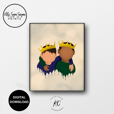 Transform your children's shared space with our captivating Printable Children's Art featuring "Two Young Kings." This heartwarming piece, illustrated by Kayla Chew, embodies the powerful message that there is ample room for greatness for everyone. 