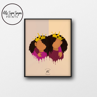 Introducing our heartwarming Printable Children's Art featuring "Two Young Queens, Sisters"—a captivating piece designed to adorn the walls of siblings' rooms with love and unity! This charming artwork celebrates the special bond between sisters, depicting two regal figures side by side, radiating strength, unity, and sisterly love.