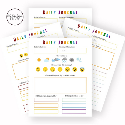 This daily journal printable was created to help you and your child reflect on their day and feelings. It includes a section to help them write morning and bedtime affirmations to encourage a growth mindset. This package also includes a page with large guidelines for early writers.